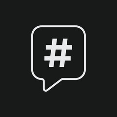 White Outline Icon Hashtag Symbol in Speech Bubble on Black Background