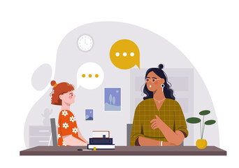 A young girl speaks with a female therapist across a desk in a calm office setting, with books and speech bubbles shown, symbolizing communication. Vector illustration