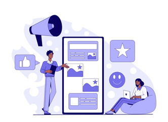 Fototapeta premium Two people collaborating on a digital marketing project with a giant smartphone screen, icons, and interface elements, on a white background. Concept of online media strategy. Vector illustration