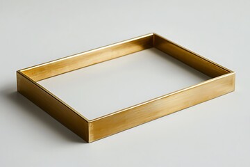 A rectangular gold metal tray with a white base on a white surface angled view