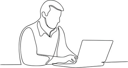 Continuous one line drawing of a man working on a laptop at a table, minimalist single line art vector illustration in black and white

