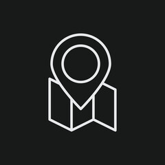 White Outline Icon Map Pin on Folded Map, Black Background