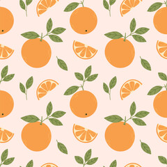 Oranges, seamless vector pattern. Bright summer pattern with oranges on a pink background in a simple flat style.