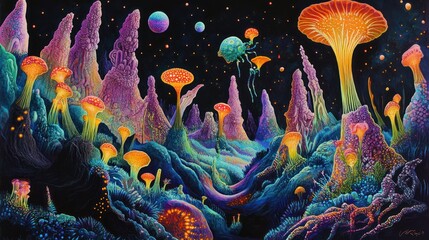 Vibrant alien landscape featuring colorful mushrooms, glowing jellyfish, and distant planets in space