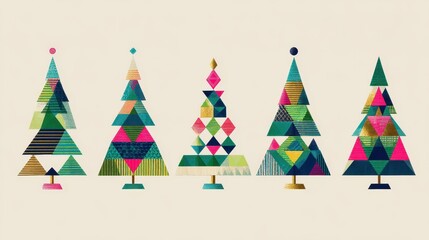 Geometric christmas trees in vibrant colors.