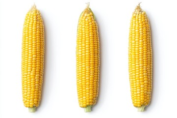 Three ears of yellow corn are displayed on a clean white background for a still life image