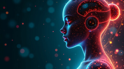 Naklejka premium AI Neural Network Visualization, Futuristic Artificial Intelligence Concept, Digital Brain with Glowing Nodes, Abstract Technology Background, Cybernetic Human Interface, Sci-Fi AI Design