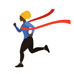 An African girl in a turban is the first to cross the finish line with a red ribbon. Running competitions.