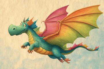 A charming, colorful dragon soaring through the sky.