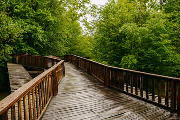 Obraz premium A serene wooden walkway gracefully winds its way through lush, vibrant green foliage after a gentle light rain