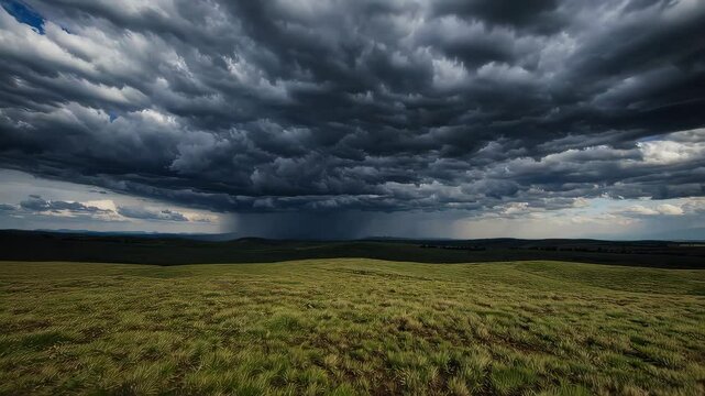 Dramatic storm clouds rolling over serene green plains at dusk