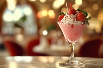 Strawberry dessert in elegant glass with whipped cream and fresh berries, served on table in cozy blurred cafe interior, sweet indulgent treat.