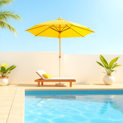 Fototapeta premium illustration of bright lounge zone with sunbed and yellow umbrella placed on edge near swimming pool and potted plants representing concept of summer vacation