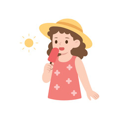 A little girl in a summer dress and sun hat enjoys a popsicle under the bright sun. Child with sweet ice cream. Fun, cheerful illustration perfect for summer designs. Vector isolated on white.