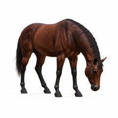 Obraz premium A brown horse grazing with its head down, sleek coat, strong body structure, realistic anatomy, white background, clean and clear composition