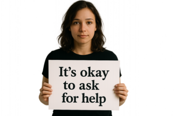 Woman holding sign conveying the message that it is okay to ask for help with cinematic depth of field