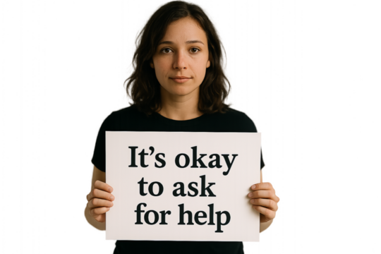 Woman holding sign conveying the message that it is okay to ask for help with cinematic depth of field