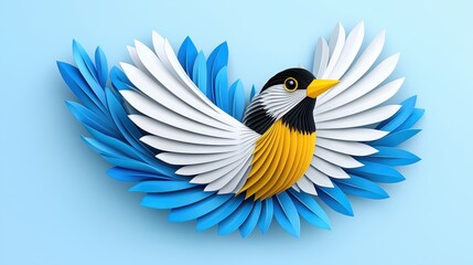 Obraz premium Stylized Paper Bird with Blue and White Wings on Light Blue
