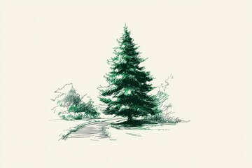 Fototapeta premium Detailed illustration of a solitary evergreen tree.