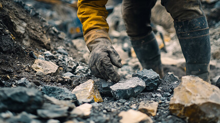 Miner's Hand Picking Up Rocks in a Coal Mine