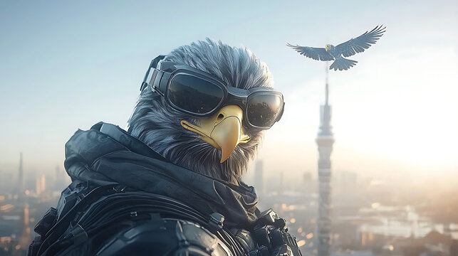 Eagle pilot with city skyline, and sunrise.