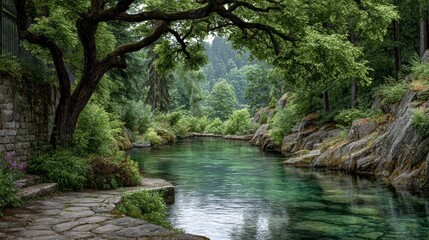 Obraz premium Serene Green River in a Lush Forest Park