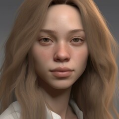 Naklejka premium A highly detailed, hyper-realistic close-up portrait of an AI-generated human face. This digital artwork features lifelike skin textures, expressive eyes, and natural lighting.