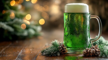 Festive green beer in a mug surrounded by pine cones and holiday lights