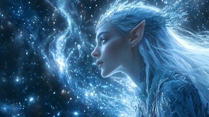 Celestial Dreamer: A radiant being, adorned with flowing ethereal hair, gazes into a cosmos of twinkling stars, embodying the dreams and wonders of the universe. 