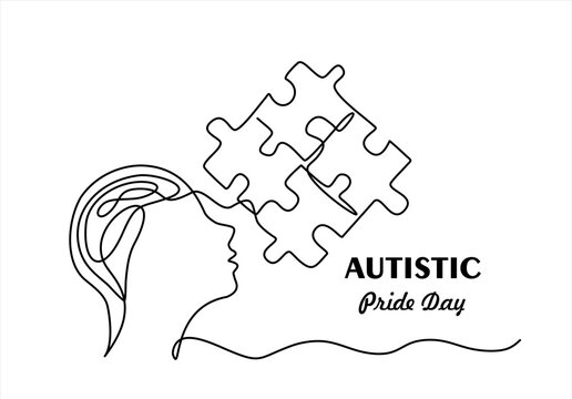 Human head profile with jigsaw puzzle by continuous line. Autistic pride day.Accept autism and understand the challenges associated with it. Help people build kinder world for every unique individual
