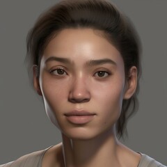 A highly detailed, hyper-realistic close-up portrait of an AI-generated human face. This digital artwork features lifelike skin textures, expressive eyes, and natural lighting.