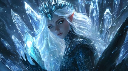 Winter Queen's Regal Beauty: An Ice Queen exudes regal beauty, adorned with a shimmering crown, against a backdrop of glistening ice crystals and snow.
