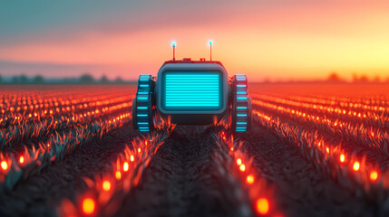 A futuristic robot tractor works in a glowing, illuminated crop field at sunset, showcasing modern agricultural technology.
