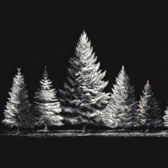 Fototapeta premium A monochromatic drawing of five snowy evergreen trees.