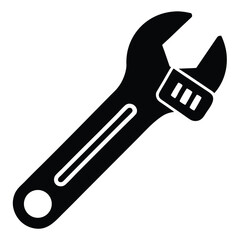 A solid black adjustable wrench displays clearly against a pure white background, vector