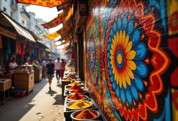 Fototapeta premium Vibrant market scene with colorful spices and decorative wall art