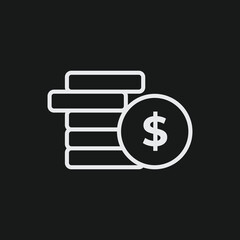 White Outline Icon Stack of Coins with Dollar Symbol on Black Background, Finance Concept