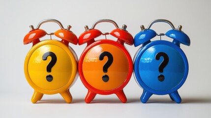 Colorful alarm clocks with question marks emphasizing time management concepts