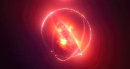 A fiery red and yellow cosmic sphere bursting with energy, light trails, and glowing particles