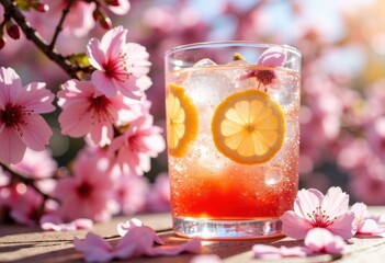 Refreshing summer drink with lemon slices and cherry blossoms in the background