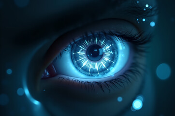 Fototapeta premium closeup of a human eye with Lasik vision laser correction procedure and beams going into the cornea as wide banner with copy space area the cornea as wide banner with copy. generative AI