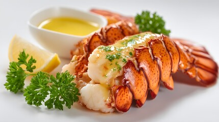 A close-up of a beautifully cooked lobster tail with butter, lemon, and parsley garnish.