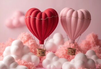 Heart-shaped hot air balloons floating above fluffy pink clouds