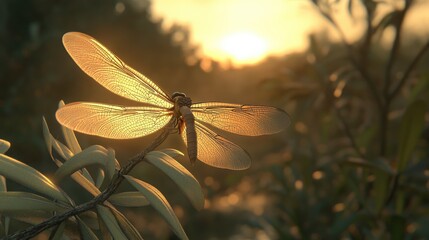 Close-up of a dragonfly perched on a branch during sunset, surrounded by lush greenery