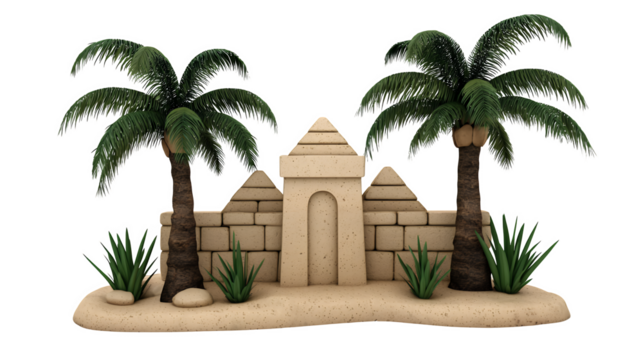 Low Poly 3D Render of Desert Oasis with Palm Trees and Stone Tomb - Powered by Adobe