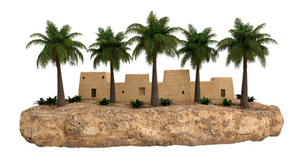 Tan Desert Oasis Miniature with Palm Trees and Stone Buildings