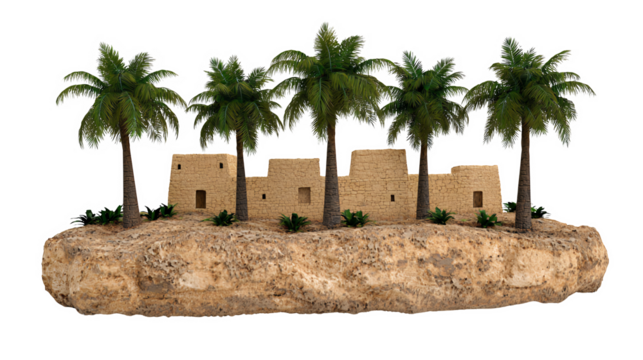 Tan Desert Oasis Miniature with Palm Trees and Stone Buildings