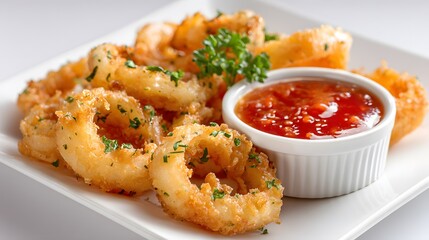 Naklejka premium Delicious crispy fried calamari rings on a white plate with a spicy dipping sauce.