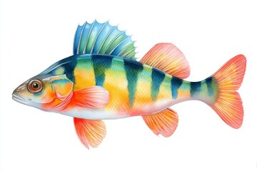 Watercolor Vibrant Perch Illustration - A detailed illustration of a colorful perch fish, showcasing its vibrant scales and fins against a white background