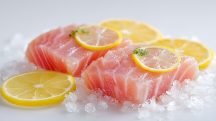 Two fresh tuna steaks garnished with lemon slices on ice, ready for culinary use.
